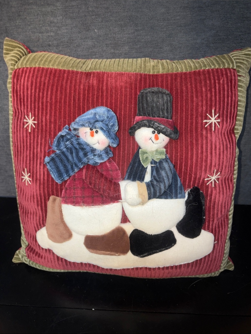 Festive Snowman Couple Decorative Throw Pillow - Red & Green